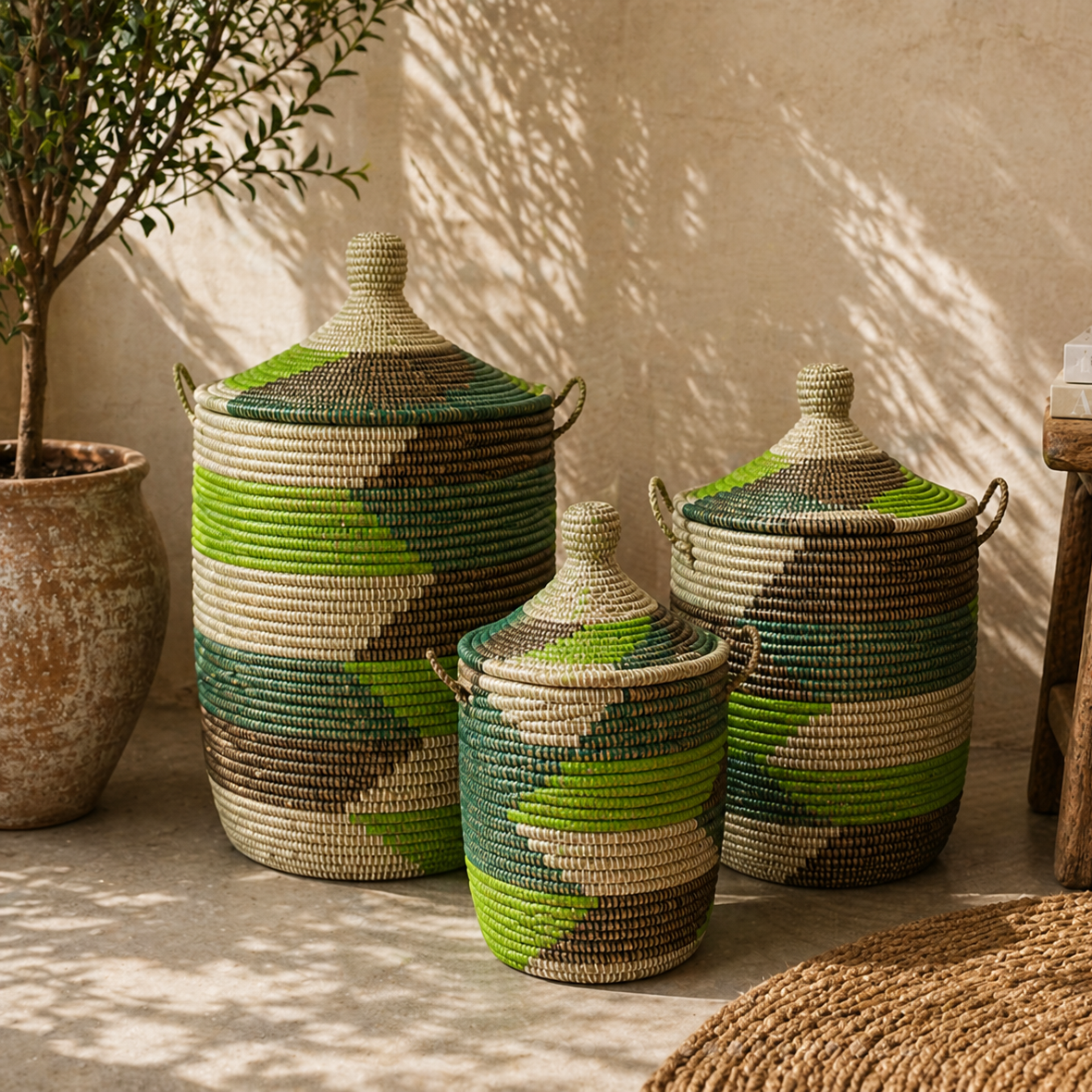 White laundry basket with leather details, hand braided with Senegal lid