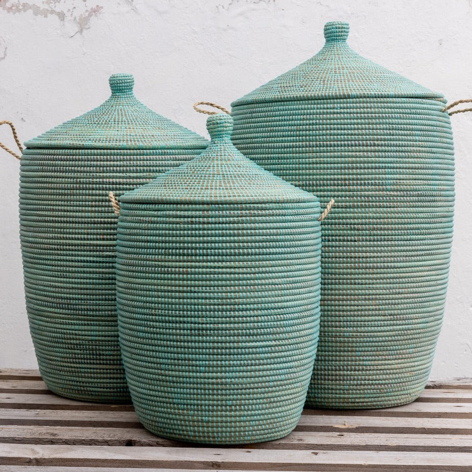 Laundry basket in turquoise with Senegal lid. Fair Trade