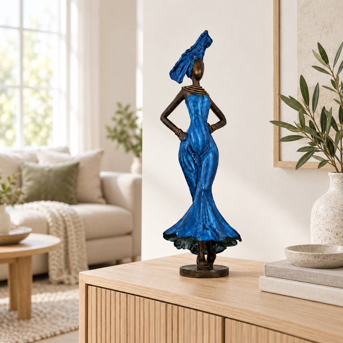 Bronzefigur af kvinde i blå kjole på sokkel, 37 cm