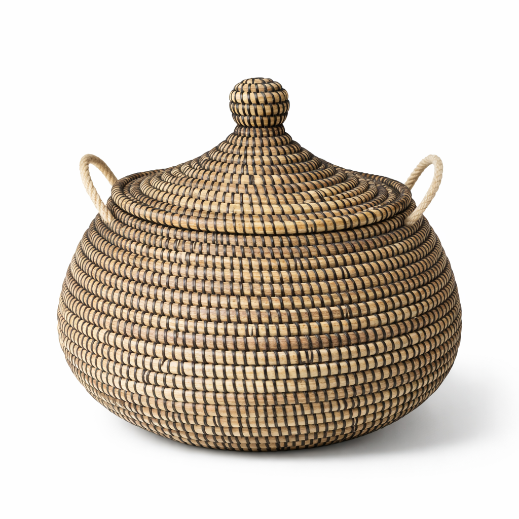 Buttede ball baskets (Ndaa) med låg, Sort, Fair Trade fra Senegal