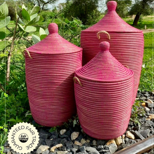 Raspberry colored laundry basket, hand braided with Senegal lid. Fair Trade