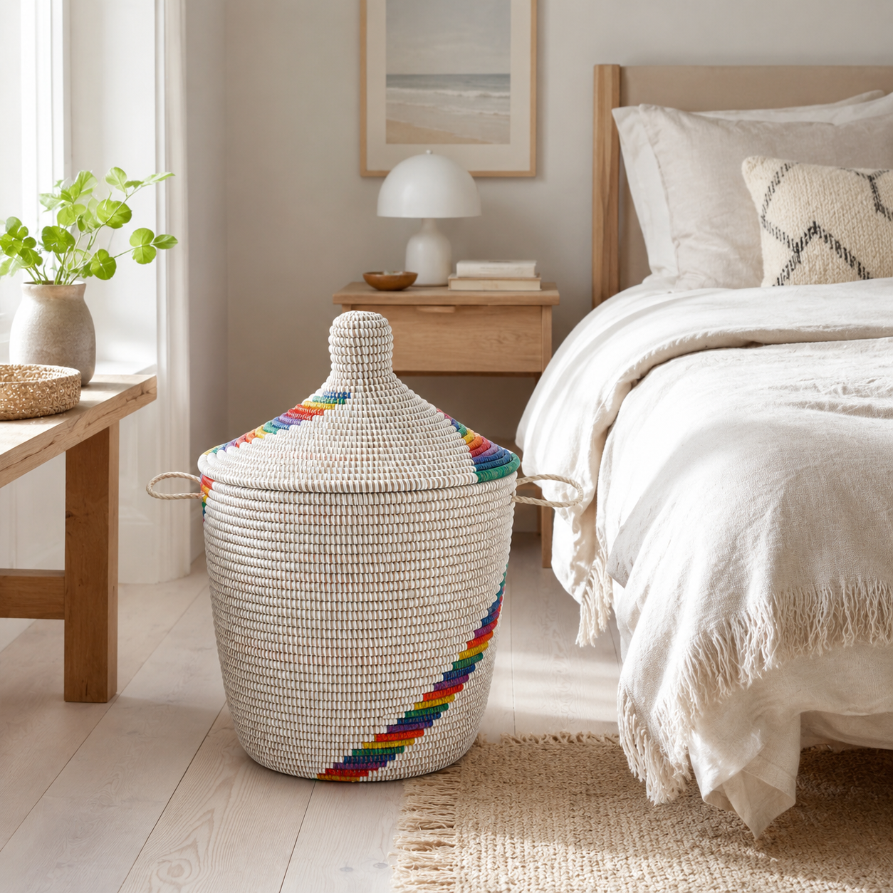 Multicoloured hand-braided laundry basket with lid