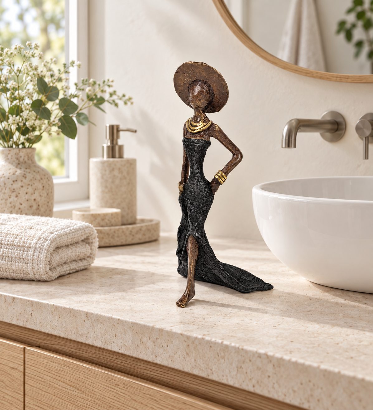Woman with hat – bronze sculpture by the Burkinabe artist Soré, blue dress, size 16 cm