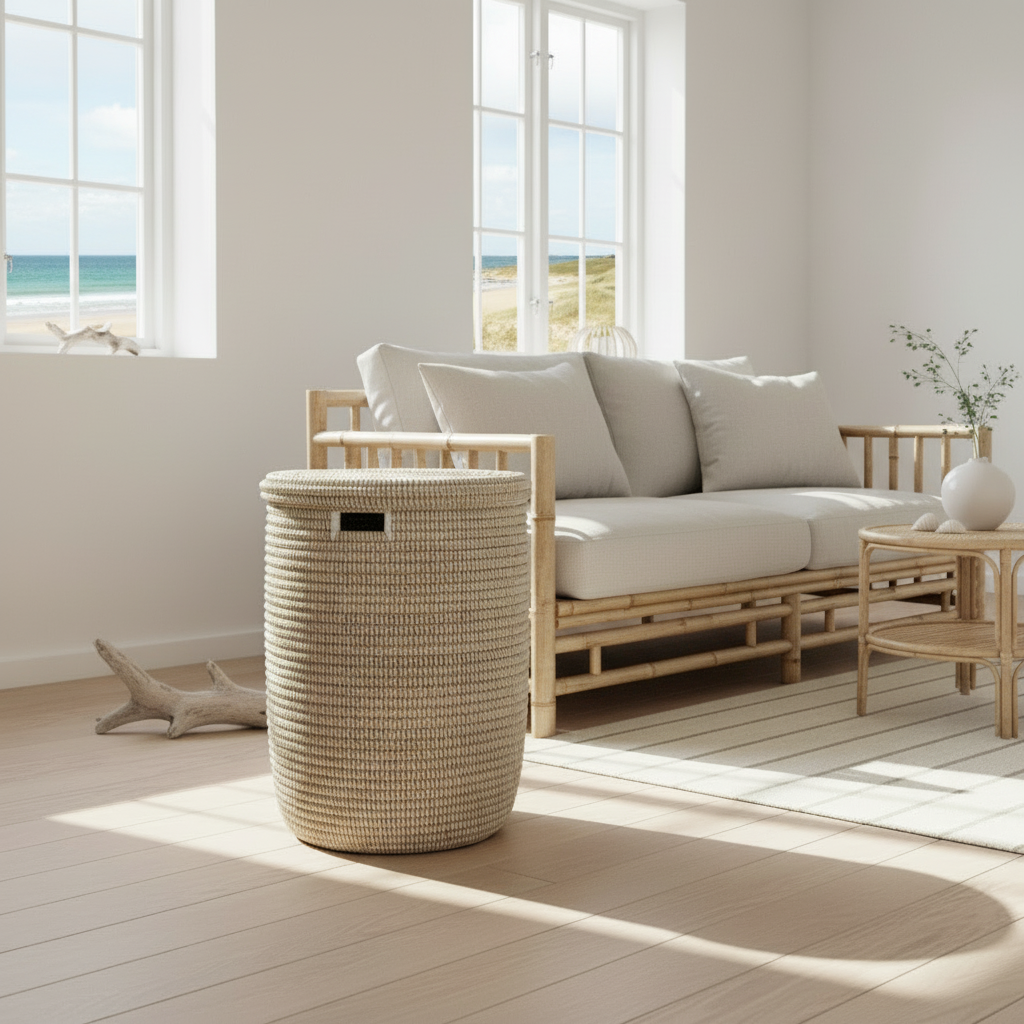 Basket / wicker table, cylindrical, white from Senegal