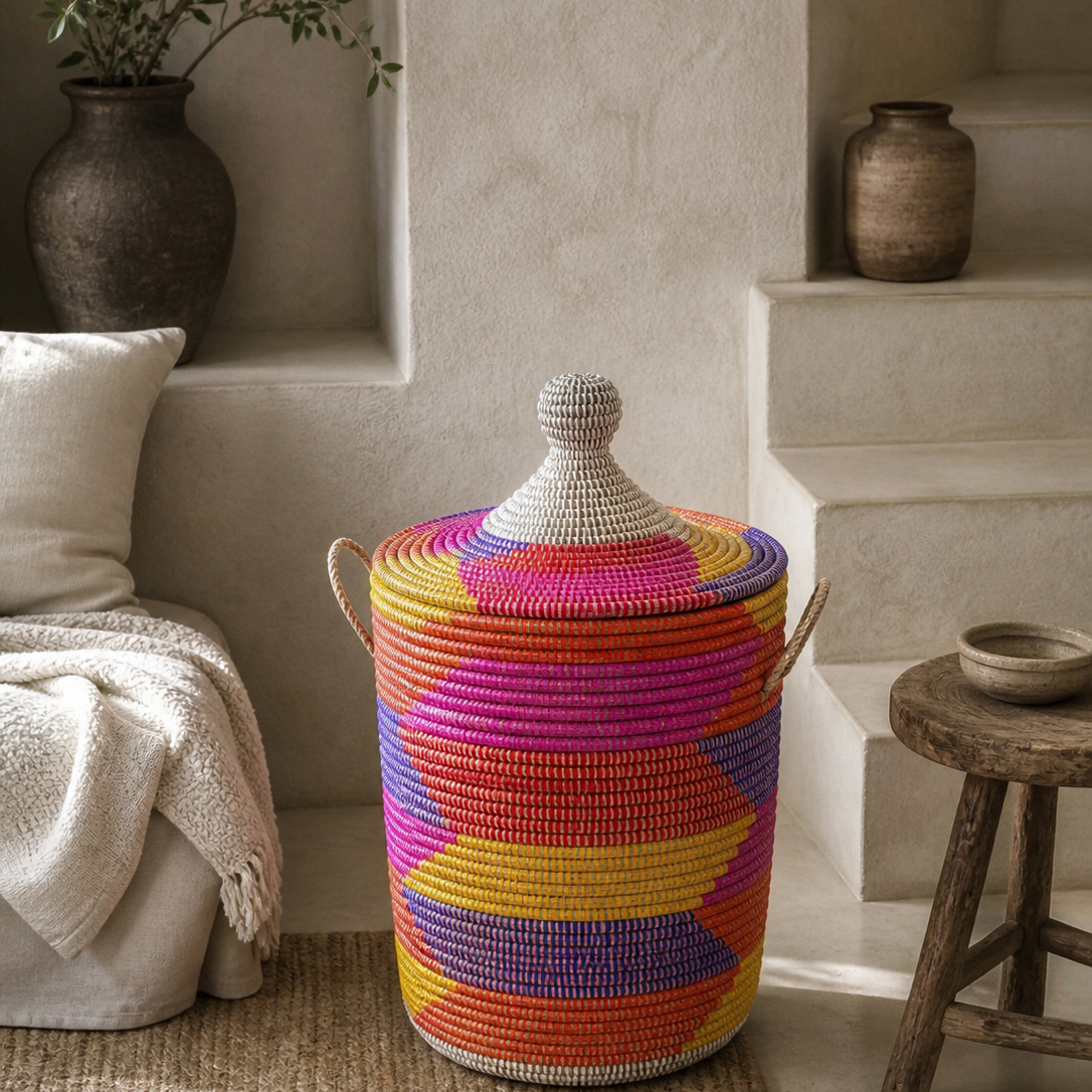 White laundry basket with leather details, hand braided with Senegal lid