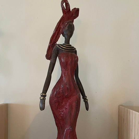 Brass art, 'Power Woman' in red dress, 35-37 cm, Fair Trade, Burkina Faso