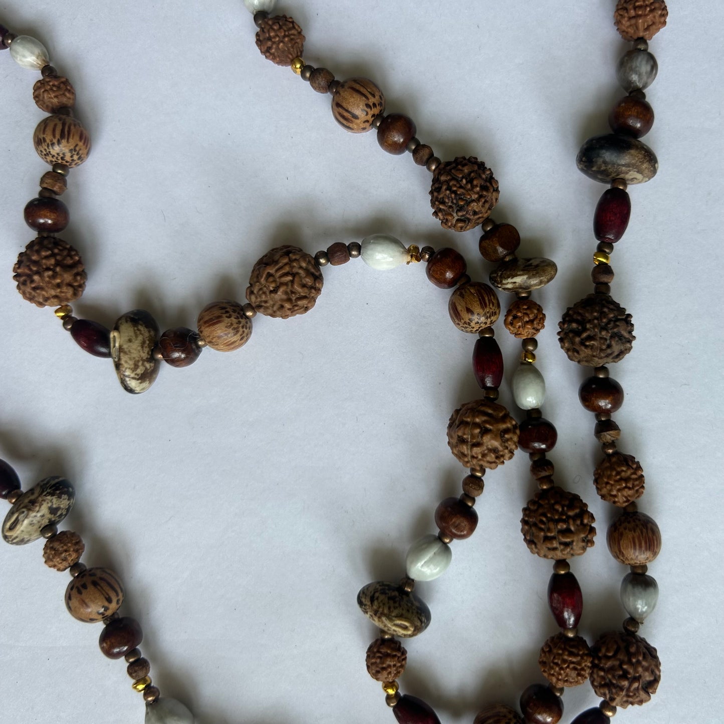 Mala bead necklace, polished wooden beads, bean beads and shell bead pendant