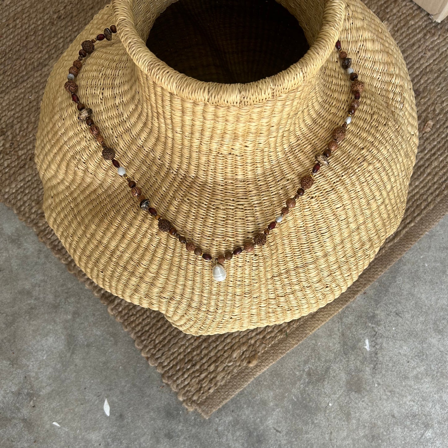 Mala bead necklace, polished wooden beads, bean beads and shell bead pendant
