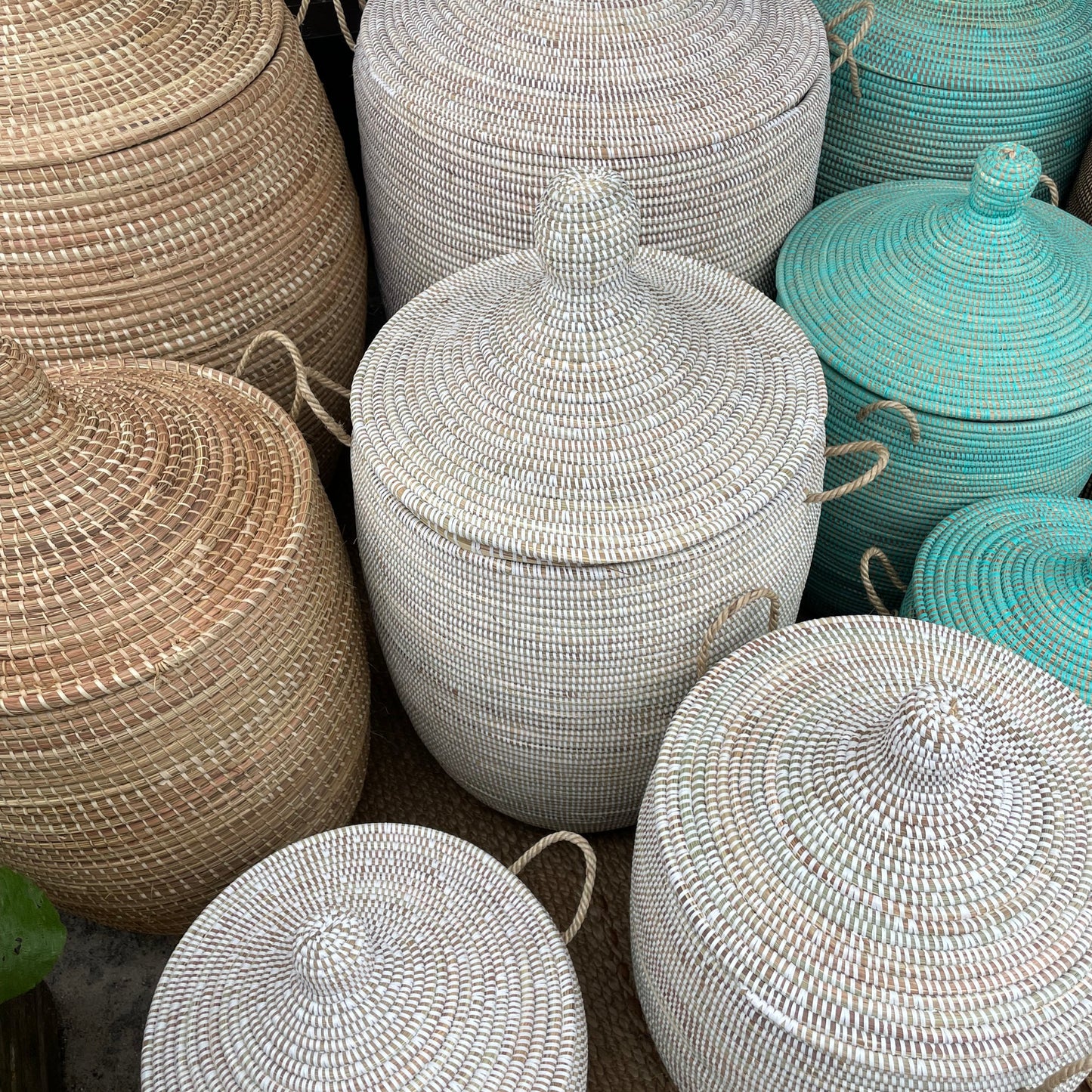 Laundry basket, White, handwoven with Senegal lid. Fair Trade