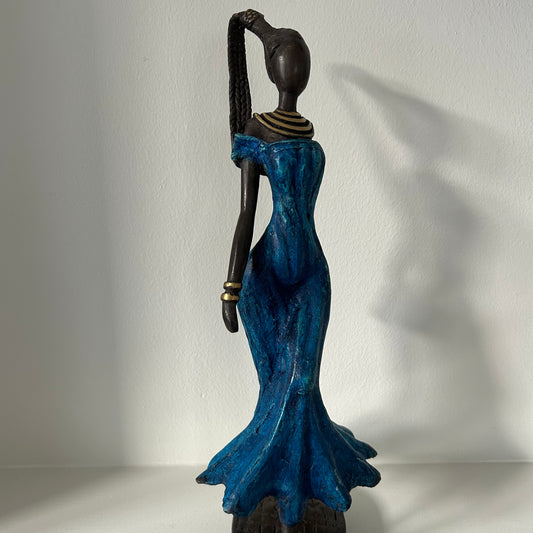 Brass art, 'Power Woman' in blue & long hair, 35-37 cm, Fair Trade, Burkina Faso