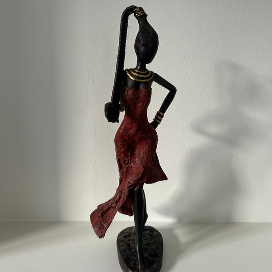 Brass art, 'Power Woman' in red & long hair, 35-37 cm, Fair Trade, Burkina Faso