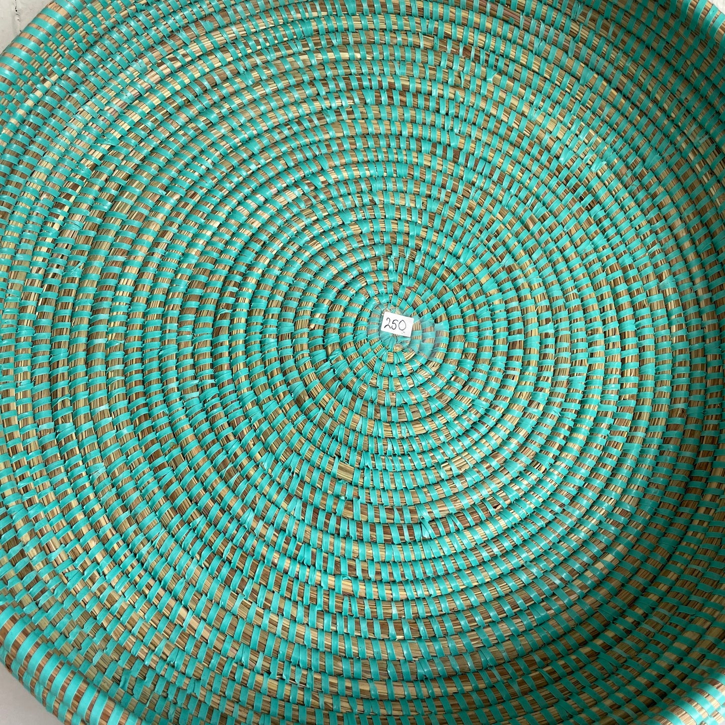 Bread basket / serving tray. Handwoven in elephant grass with recycled plastic thread. Three sizes. Turquoise. Fair Trade from Senegal