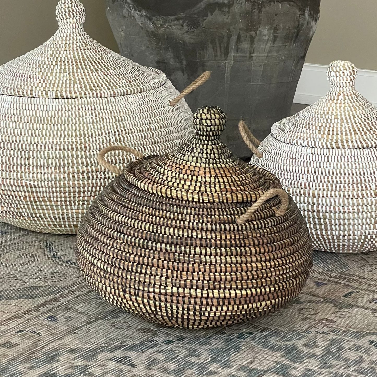 Buttede ball baskets (Ndaa) med låg, Sort, Fair Trade fra Senegal