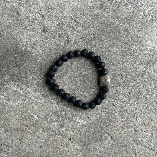Men's bracelet, polished lava stones & square agate charm