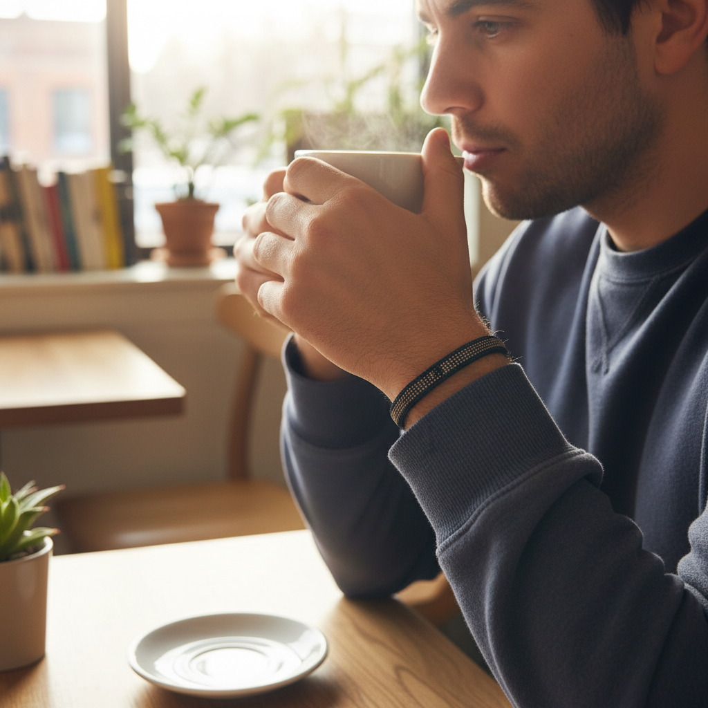 Men's bracelet, leather & black/mocha beads