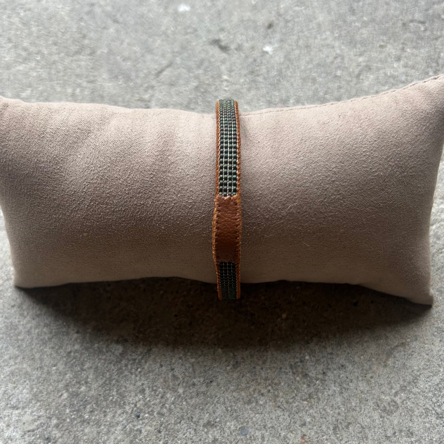 Bracelet for men, leather & army green beads