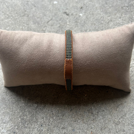 Bracelet for men, leather & army green beads