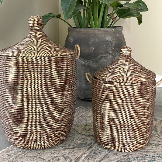 Sky blue laundry basket, hand woven with Senegal lid. Fair Trade