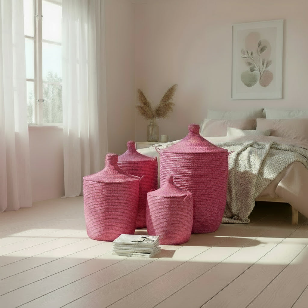 Vasketøjskurv i lyserød med låg. Fair Trade, Senegal