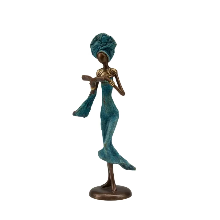Woman with hat – bronze sculpture by the Burkinabe artist Soré, pastel green dress, size 16 cm