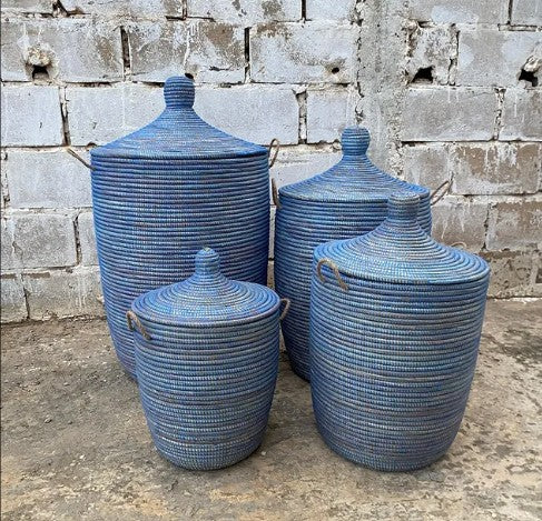 Sky blue laundry basket, hand woven with Senegal lid. Fair Trade