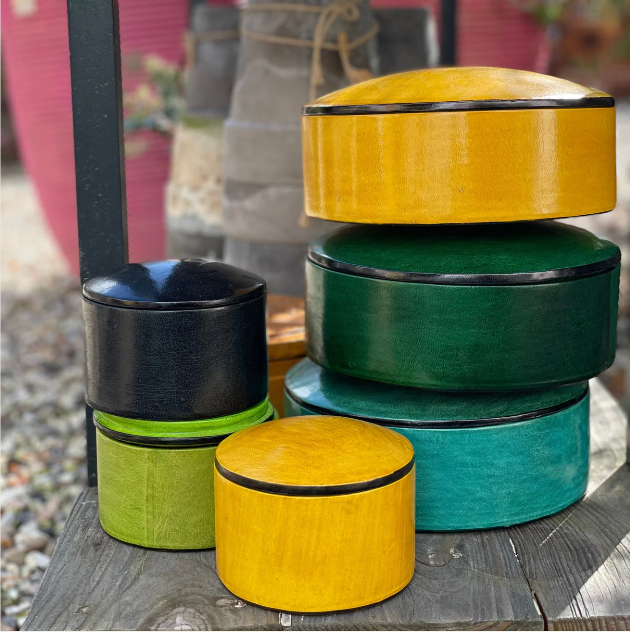 Leather box in yellow, two sizes. Fair Trade from Burkina Faso