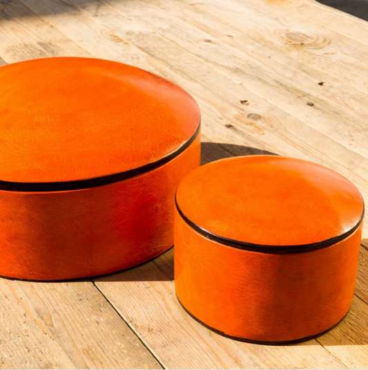 Leather box in orange, two sizes. Fair Trade from Burkina Faso
