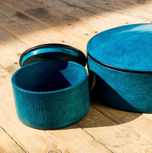 Leather box in turquoise, two sizes. Fair Trade from Burkina Faso