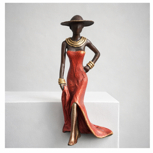 Woman with hat – bronze sculpture by the Burkinabe artist Soré, blue dress, size 16 cm