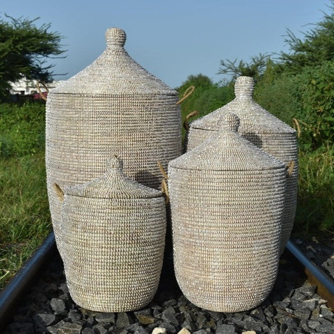 Laundry basket hand-woven elephant grass and recycled plastic with Senegal lid. White. Four sizes. Fair Trade