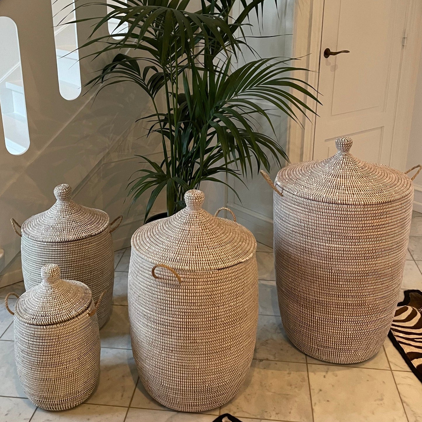 Laundry basket, White, handwoven with Senegal lid. Fair Trade