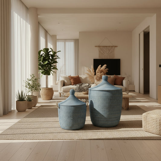 Himmelblå vasketøjskurv, håndflettet med Senegal-låg. Fair Trade