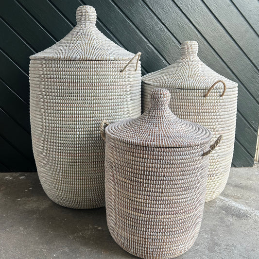 Laundry basket, White, handwoven with Senegal lid. Fair Trade