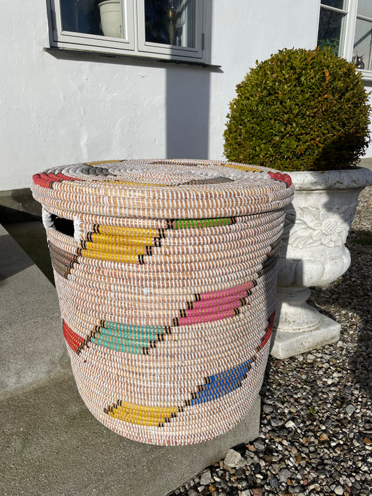 Laundry basket hand-woven elephant grass and recycled plastic with flat lid. Fair Trade from Senegal