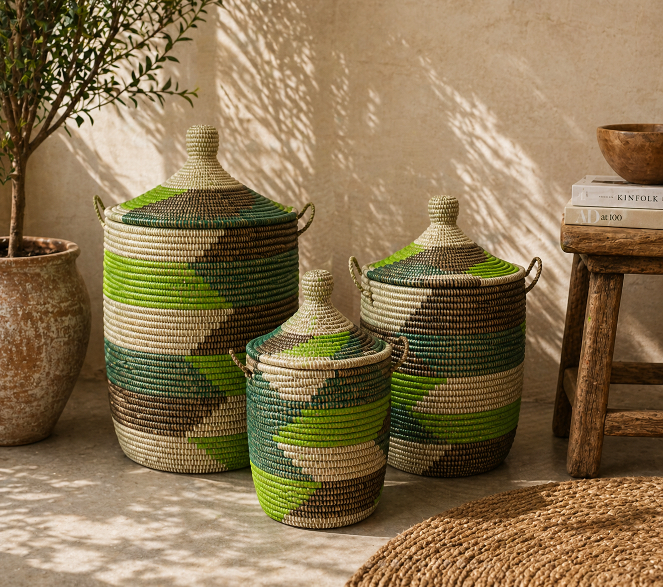 White laundry basket with leather details, hand braided with Senegal lid