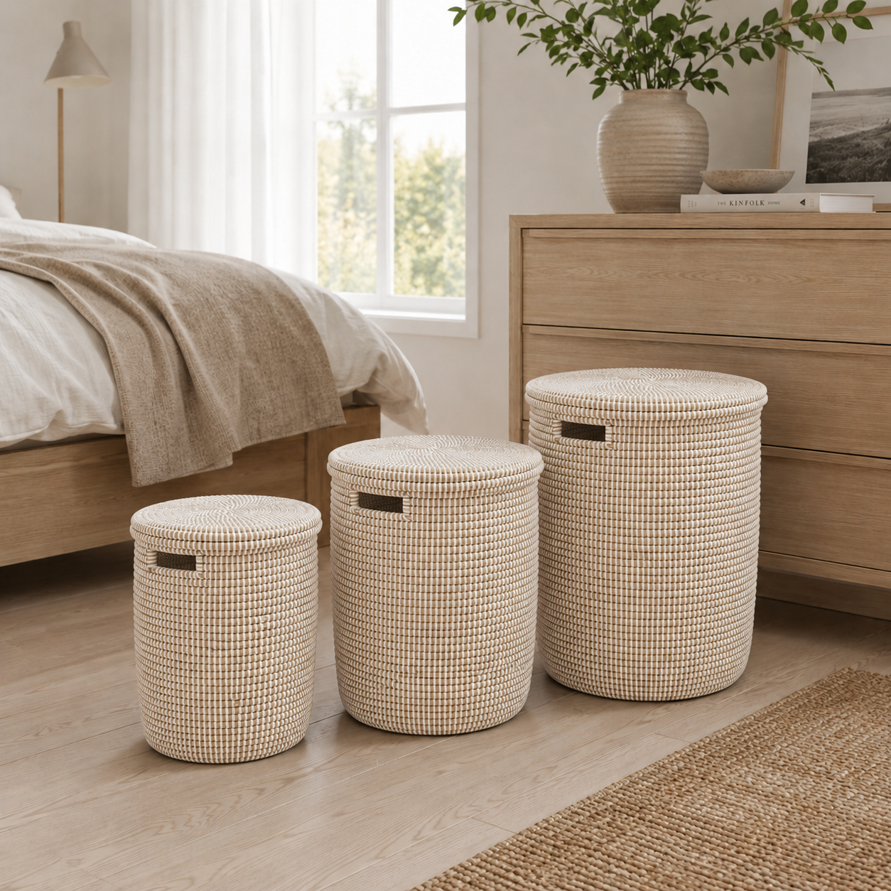 Basket / wicker table, cylindrical, white from Senegal