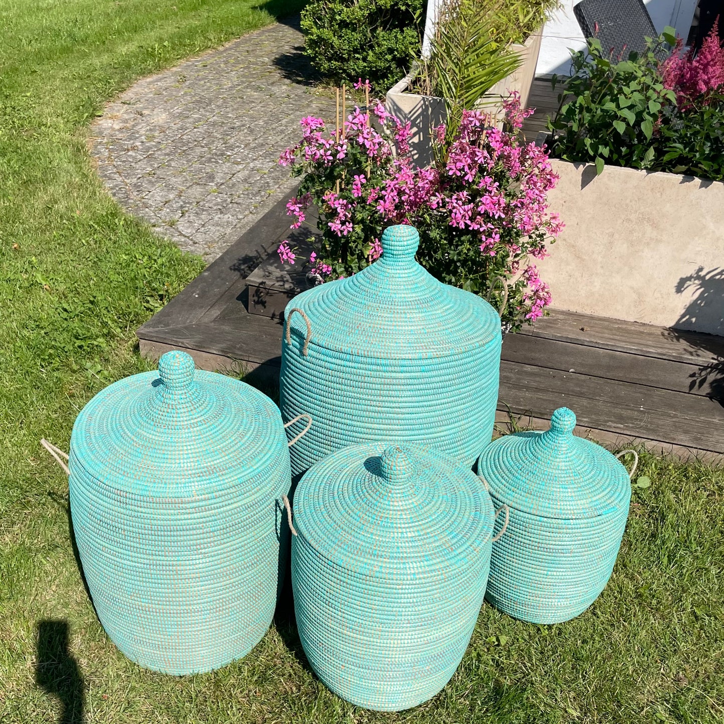 Laundry basket hand-woven elephant grass and recycled plastic with Senegal lid. Turquoise. Four sizes. Fair Trade