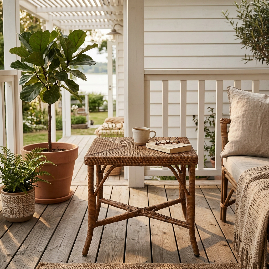 Bord i naturlig rattan i cognac farve