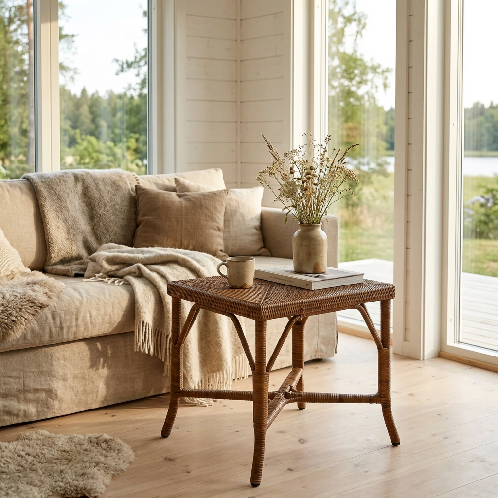 Honningfarvet lille rattanbord med flettet top og indrammet ramme