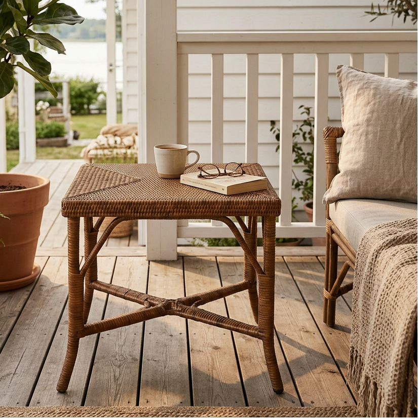 Bord i naturlig rattan i cognac farve