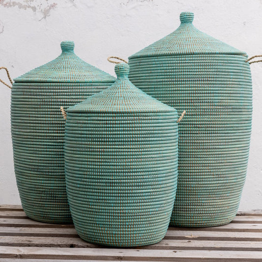 Laundry basket hand-woven elephant grass and recycled plastic with Senegal lid. Turquoise. Four sizes. Fair Trade