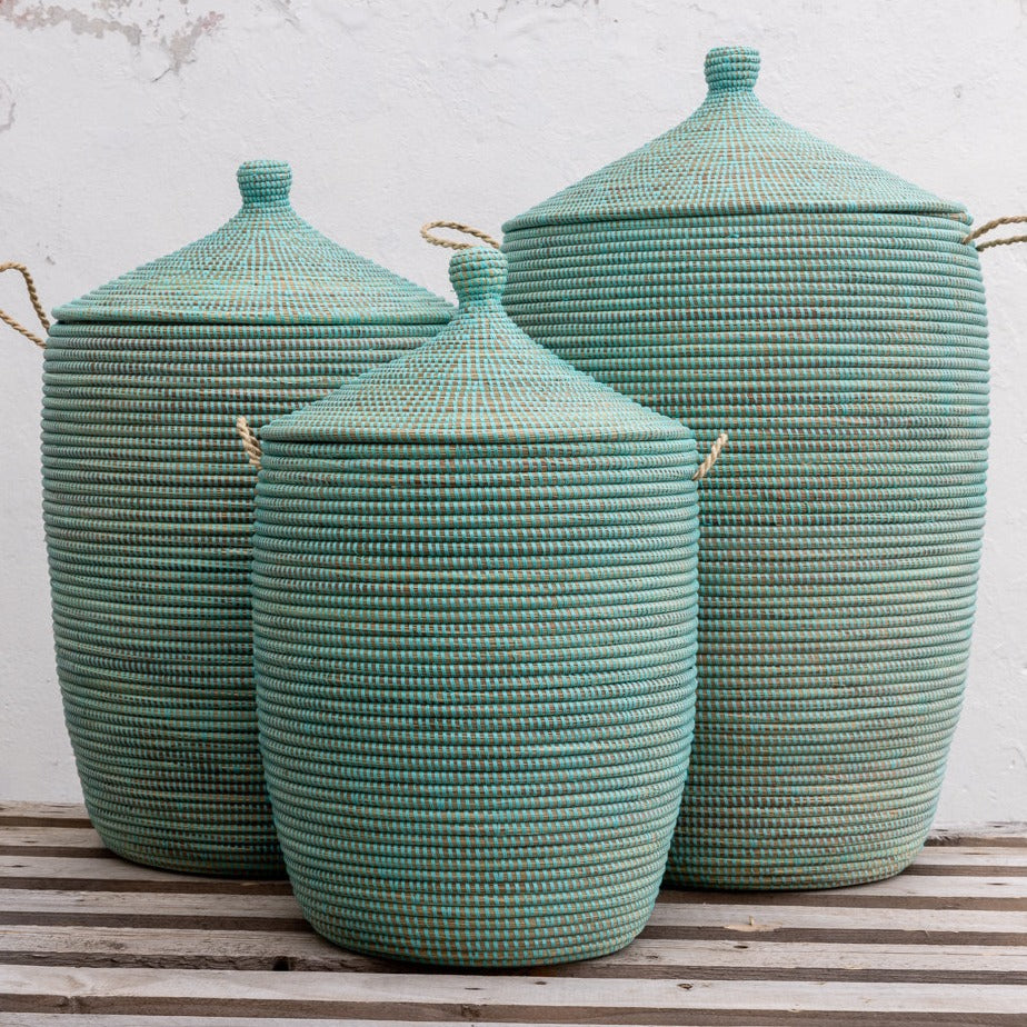 Laundry basket in turquoise with lid. Fair Trade, Senegal