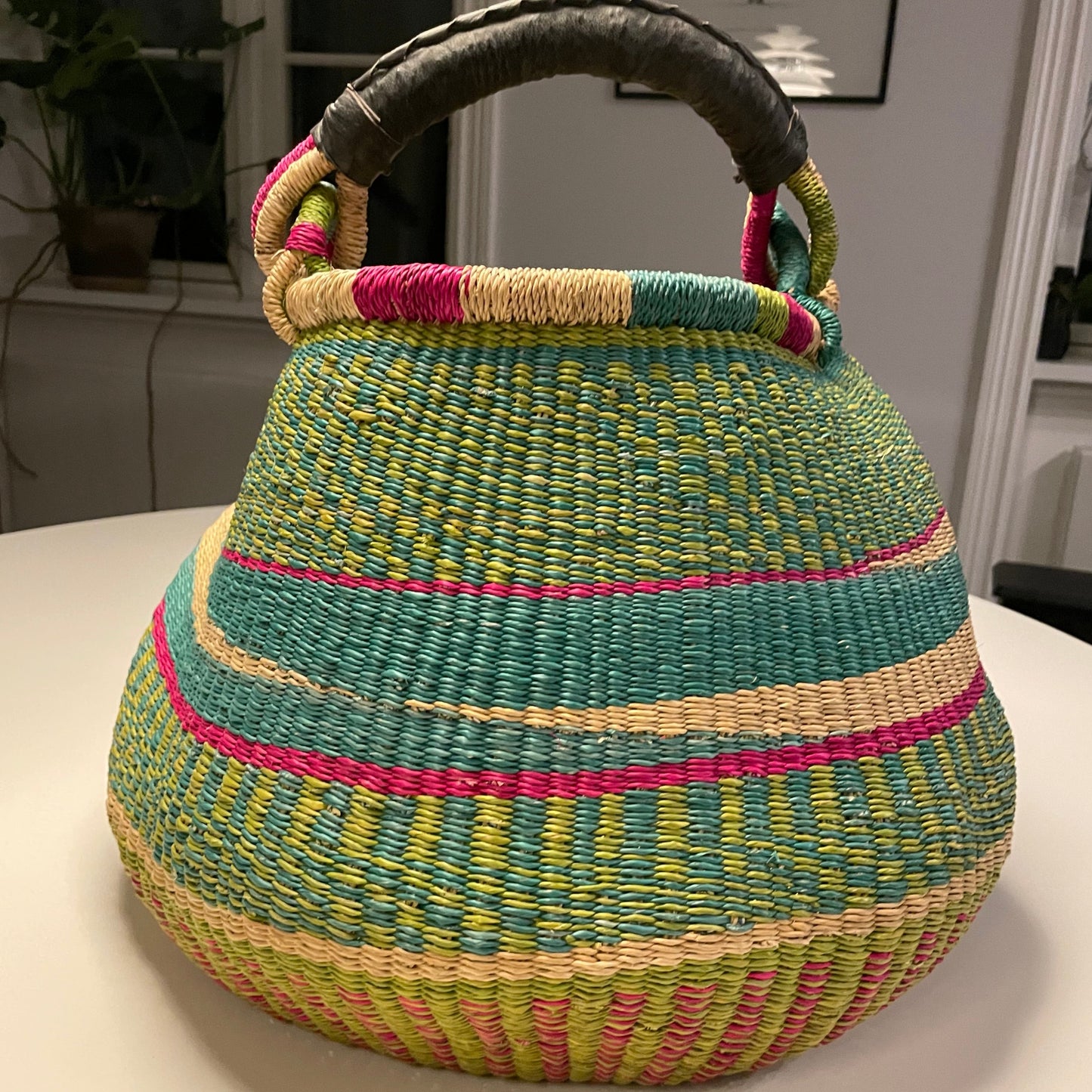 Basket with leather handle. Unique. Multicolored. Fair Trade from Ghana