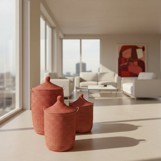 Rød vasketøjskurv med låg. Fair Trade, Senegal