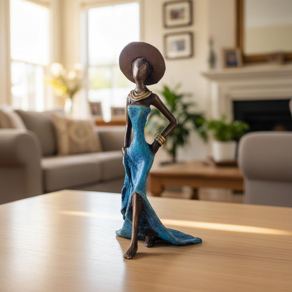 Kvinde med hat – bronzeskulptur af den burkinske kunstner Soré, blå kjole, str. 16 cm