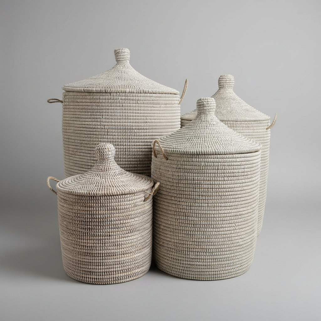 Vasketøjskurv. Hvid med låg. Fair Trade, Senegal
