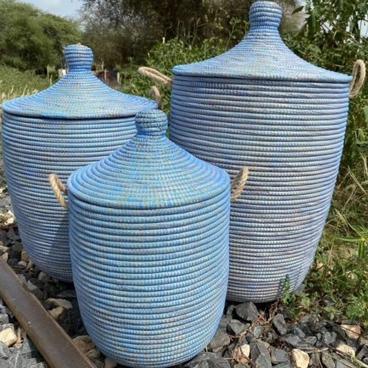 Sky blue laundry basket, hand woven with Senegal lid. Fair Trade