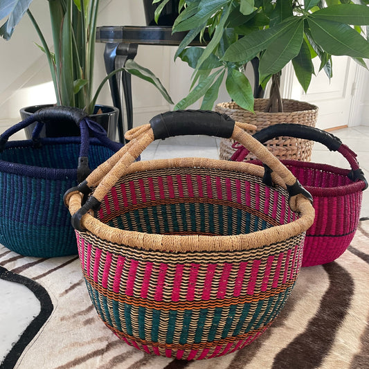Bolga basket, three sizes. Handwoven in sea grass. Multi colored. Fair Trade and from Ghana