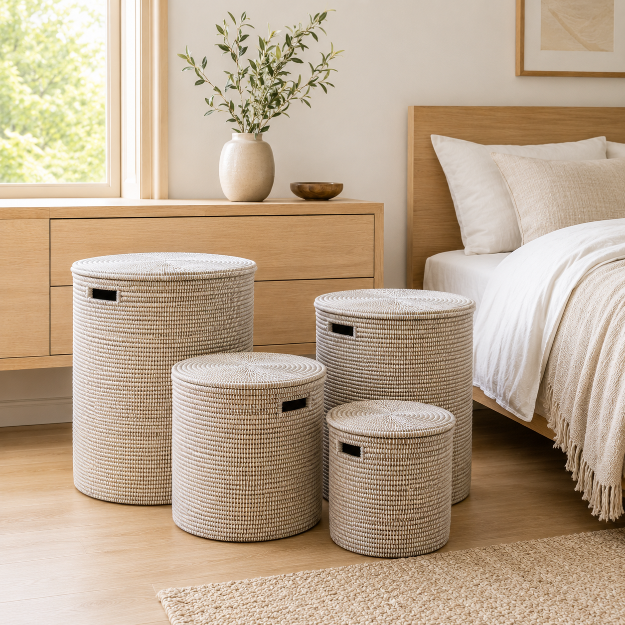 Basket / wicker table, cylindrical, white from Senegal