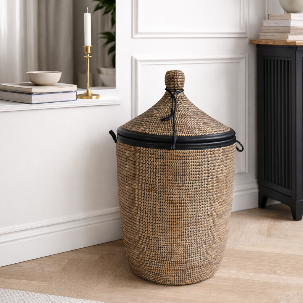 White laundry basket with leather details, hand braided with Senegal lid
